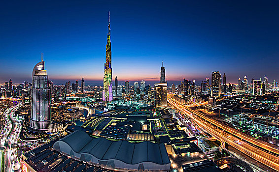 城市,光亮,摩天大楼,迪拜,阿联酋,黄昏