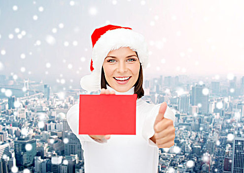 圣诞节,人,广告,销售,概念,高兴,女人,圣诞老人,帽子,留白,红牌,展示,竖大拇指,手势,上方,雪,城市,背景
