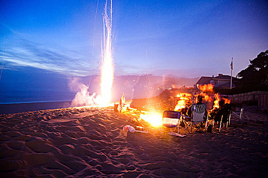 人,海滩,篝火,烟花,夜晚