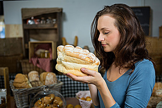 女人,嗅,面包,糕点店,台案,市场