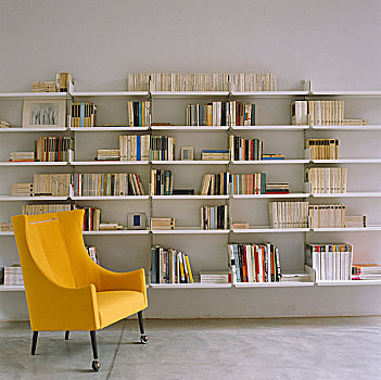 黄色,扶手椅,站立,正面,铝,书架