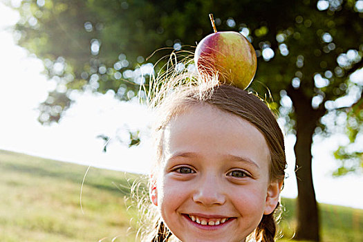 微笑,女孩,平衡性,苹果,头部