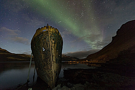 冰岛,北极光,发光,海洋,星,残骸