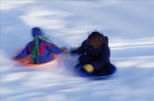 孩子,雪橇运动,下坡,动感,明尼苏达