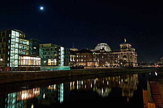 德国国会大厦,建筑,夜晚,政府,地区,柏林,影象,月亮