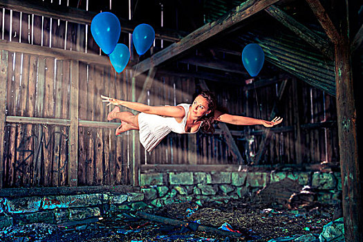 美女,蓝色,气球,悬浮