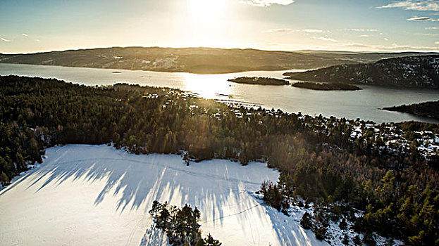 日落,俯视,雪景,挪威