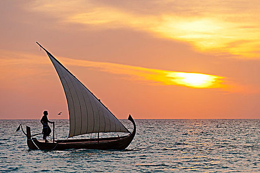 马尔代夫,环礁,岛屿,男人,帆,传统,日落