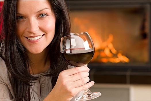 冬天,家,壁炉,女人,玻璃,红酒