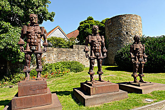 城墙,三个,铁,男人,雕塑,北莱茵威斯特伐利亚,德国