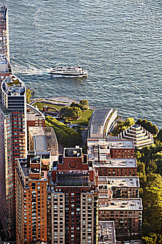 俯拍,渡轮,水岸,一个,国际贸易,观测,纽约,美国