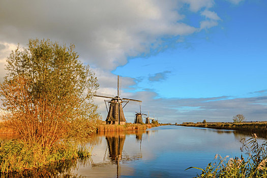 风车,天空,河,小孩堤防风车村,荷兰