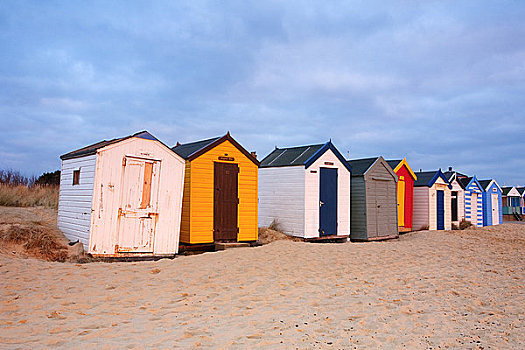 英格兰,排,彩色,海滩小屋,沙滩,海岸,黎明