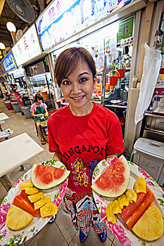 新加坡,女侍者,水果,特色,小贩,中心,美食广场