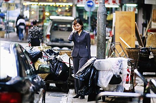 香港,九龙,中国人,职业女性,走,交谈,手机