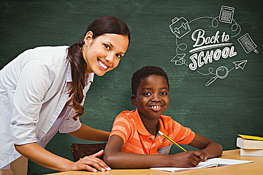 合成效果,图像,教师,协助,男孩,家庭作业,图书馆,绿色,黑板