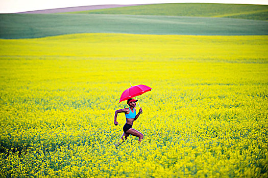 美女,跑,油菜花,地点,红色,伞