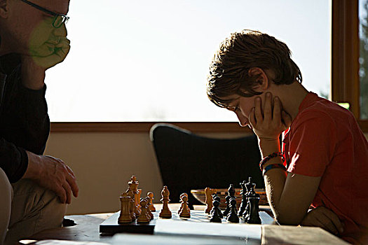 父子,玩,棋类游戏