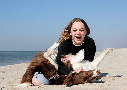 女孩,博德牧羊犬,玩,海滩