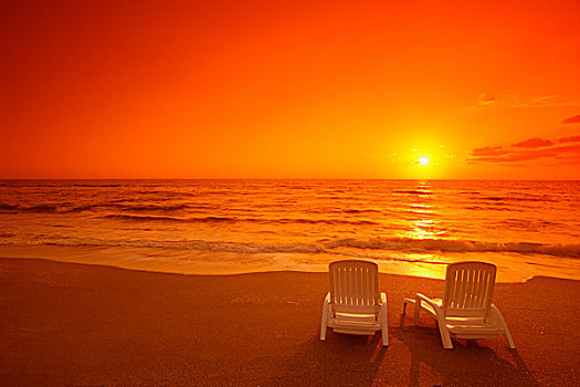 椅子,日落,海滩