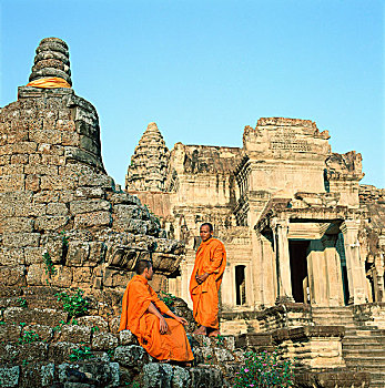 柬埔寨,收获,省,吴哥窟,北方,和尚,交谈,靠近,佛塔