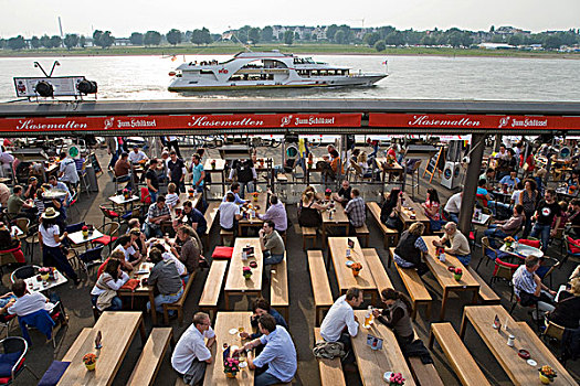酒吧,莱茵河,散步场所,啤酒,咖啡,人,船,啤酒坊,杜塞尔多夫,北莱茵威斯特伐利亚,德国