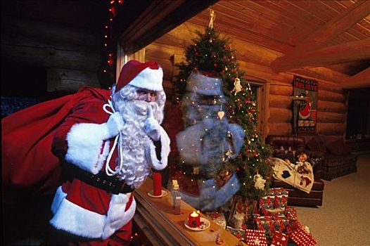 圣诞老人,张望,小屋,窗户,孩子,圣诞树,礼物
