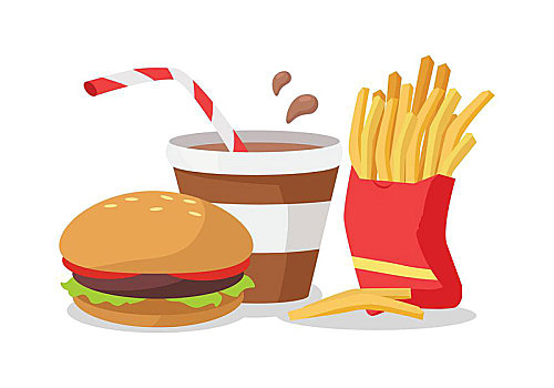汉堡包,炸薯条,红色,包,苏打,可乐,棍,不良饮食,概念,旗帜,新鲜,熟食制品,卡通,风格,垃圾食品,营养,食物,隔绝,白色背景,矢量,设计