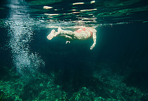 水下视角,女人,游泳,米诺卡岛,巴利阿里群岛,西班牙