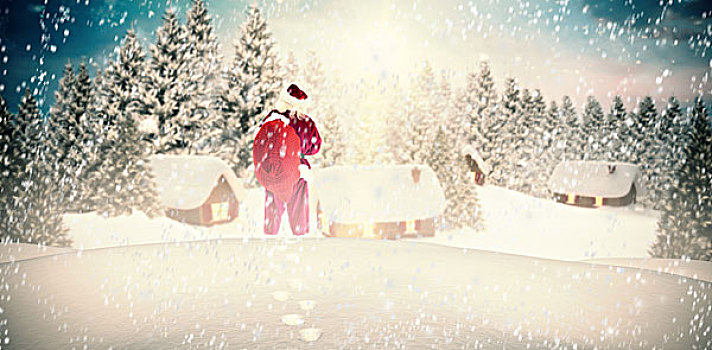 合成效果,图像,圣诞老人,袋,礼物,积雪,乡村,树林