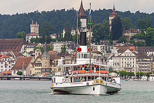 桨轮船,正面,老城,码头,琉森湖,瑞士