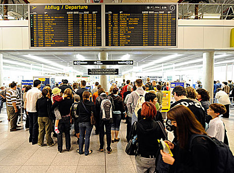 乘客,等待,线条,登记,出发登机,斯图加特,机场,巴登符腾堡,德国,欧洲