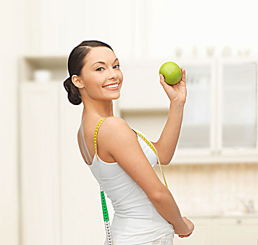 节食,运动,概念,美女,女人,苹果,卷尺,厨房