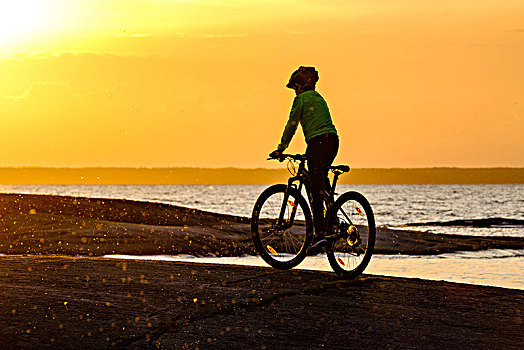 男孩,骑自行车,海滩,日落