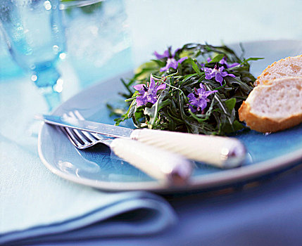 紫花南芥沙拉,琉璃苣,法式面包片