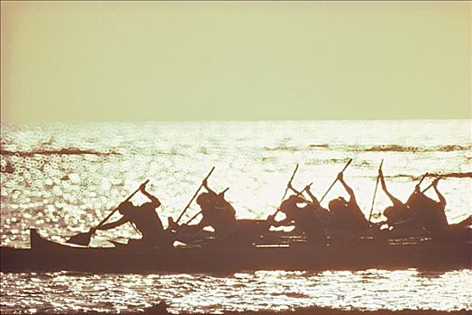 夏威夷,剪影,舷外支架,独木舟,桨手,亮光,水上