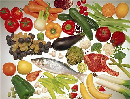 多样,食物,蔬菜,水果,鱼肉,肉