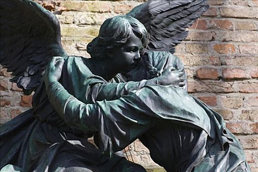 雕塑,天使,搂抱,女人,老,墓地,南,慕尼黑,巴伐利亚,德国