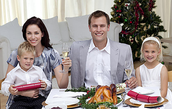 父母,祝酒,香槟,圣诞晚餐