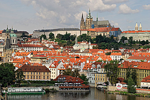 风景,老,城镇,桥,塔,伏尔塔瓦河,河,布拉格,城堡,大教堂,捷克共和国,欧洲