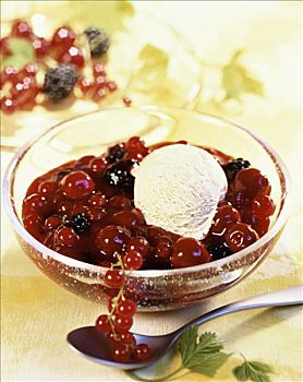 红莓,奶油,香草冰淇淋