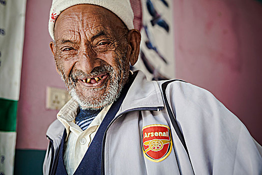 老人,穿,外套,微笑,尼泊尔