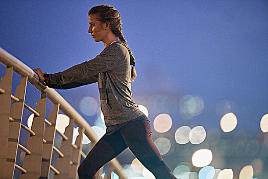 女性,跑步,伸展,腿,步行桥,黎明