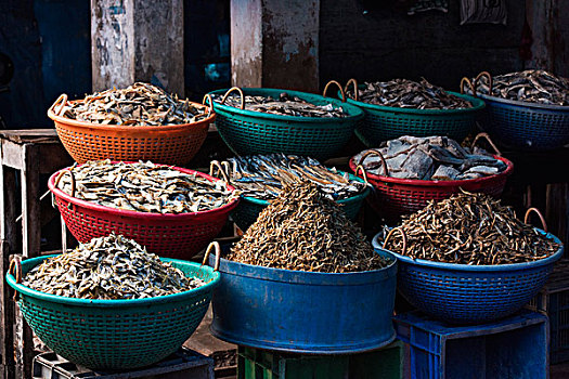 不同,干鱼,塑料制品,篮子,市场,百老汇,喀拉拉,印度,亚洲