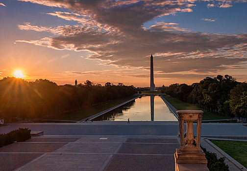 日出,倒影,华盛顿纪念碑,林肯纪念堂,华盛顿特区
