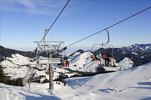 滑雪缆车,滑雪区,山,巴伐利亚阿尔卑斯山,巴伐利亚,德国,欧洲