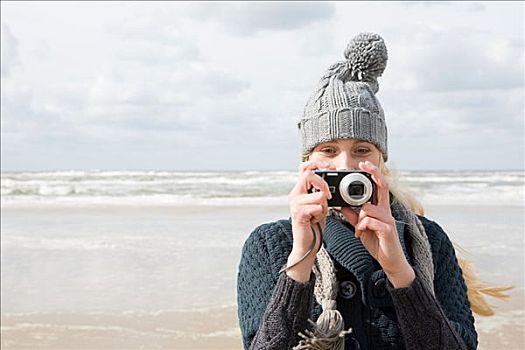 女人,海洋,相机