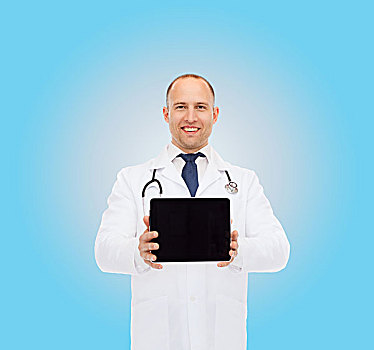 医疗,职业,广告,卫生保健,概念,微笑,男医生,平板电脑,电脑,听诊器,上方,蓝色背景