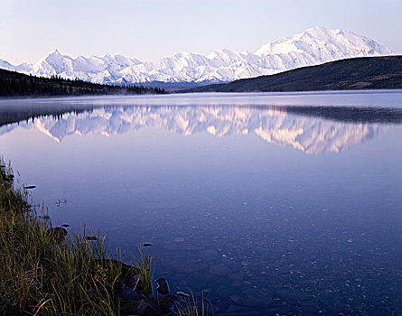 美国,阿拉斯加,日出,旺湖,反射,麦金利山,德纳里峰国家公园