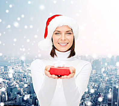 圣诞节,冬天,高兴,休假,人,概念,微笑,女人,圣诞老人,帽子,小,红色,礼盒,上方,雪,城市,背景